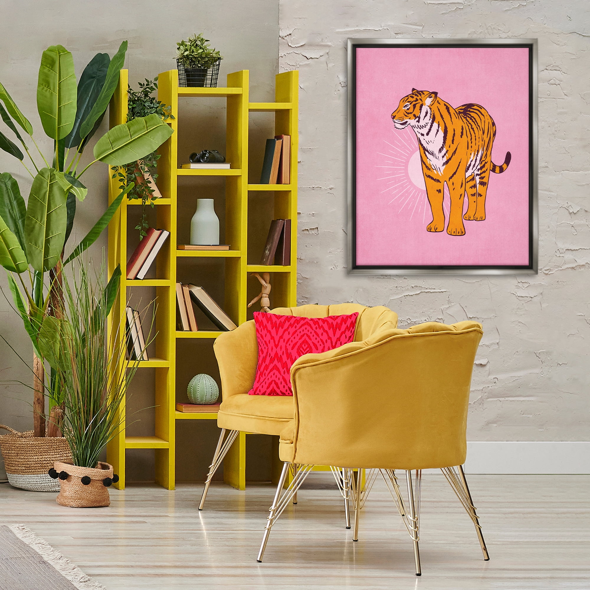 Stupell Industries Preppy Tiger Standing Animals Painting Gray Floater Framed Canvas Art Print Wall Art, 25 x 31