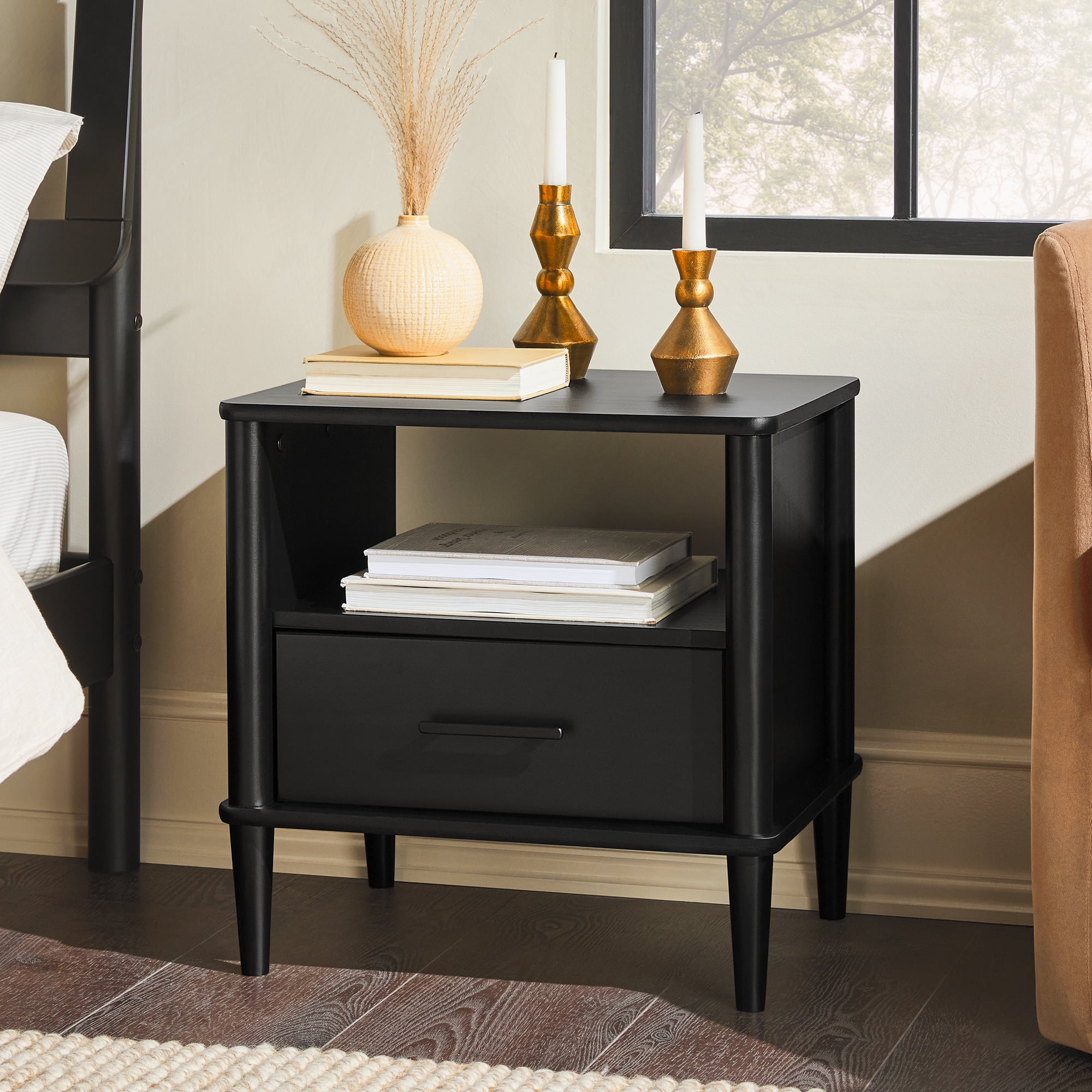 Walker Edison Transitional 1-Drawer Spindle-Leg Nightstand, Black