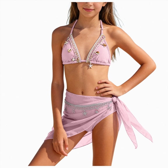 BOBOGOJP Girl's Swimwear Sets Backless Halter Bikini Brief Wrap Skirt Bathing Suit Light Pink for Size 7-8 Years