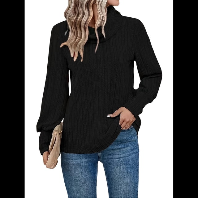 Suéter Tipo Túnica de Cuello Alto para Mujer, de Larga, de Punto Acanalado, Cómodo, Holgado, Informal, para Otoño Negro M