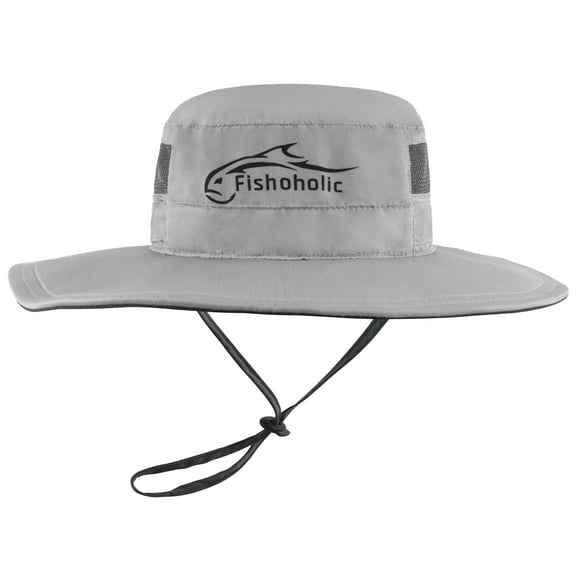 Fishoholic Fishing Hat - Bucket Boonie Hat - L/XL - Breathable Mesh & 2 Adjustable Neck & Head Straps - UPF50  Sun Protection Wide Brim Hat or Sun Hat (R)TM Fishaholic (Gry, L/XL)