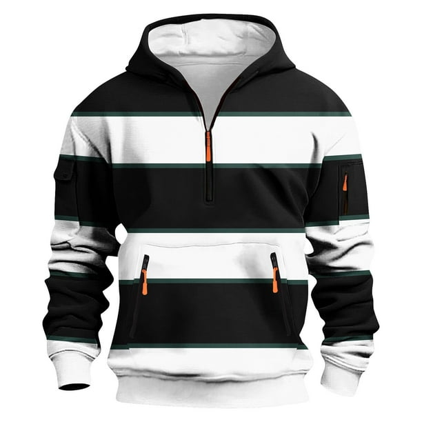 Dolkfu Sudadera con capucha a rayas para hombre, sudadera con cremallera 1/4 y múltiples bolsillos, sudadera deportiva para hombre. M