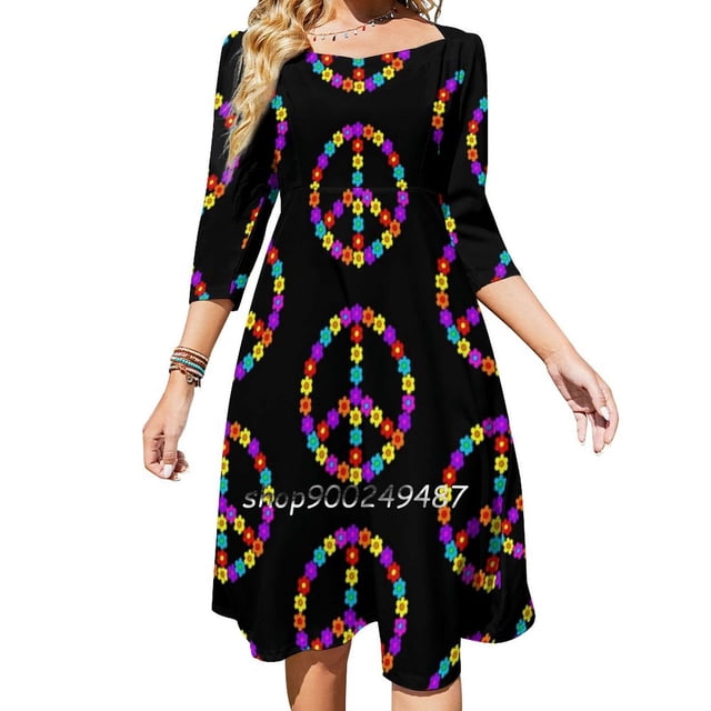 Pop Fleur Signe de Paix Robe à Encolure Carrée Mignonne Ample Imprimée Robes Élégantes de Plage Fête Signe de Paix Pop Art Fleurs Pop