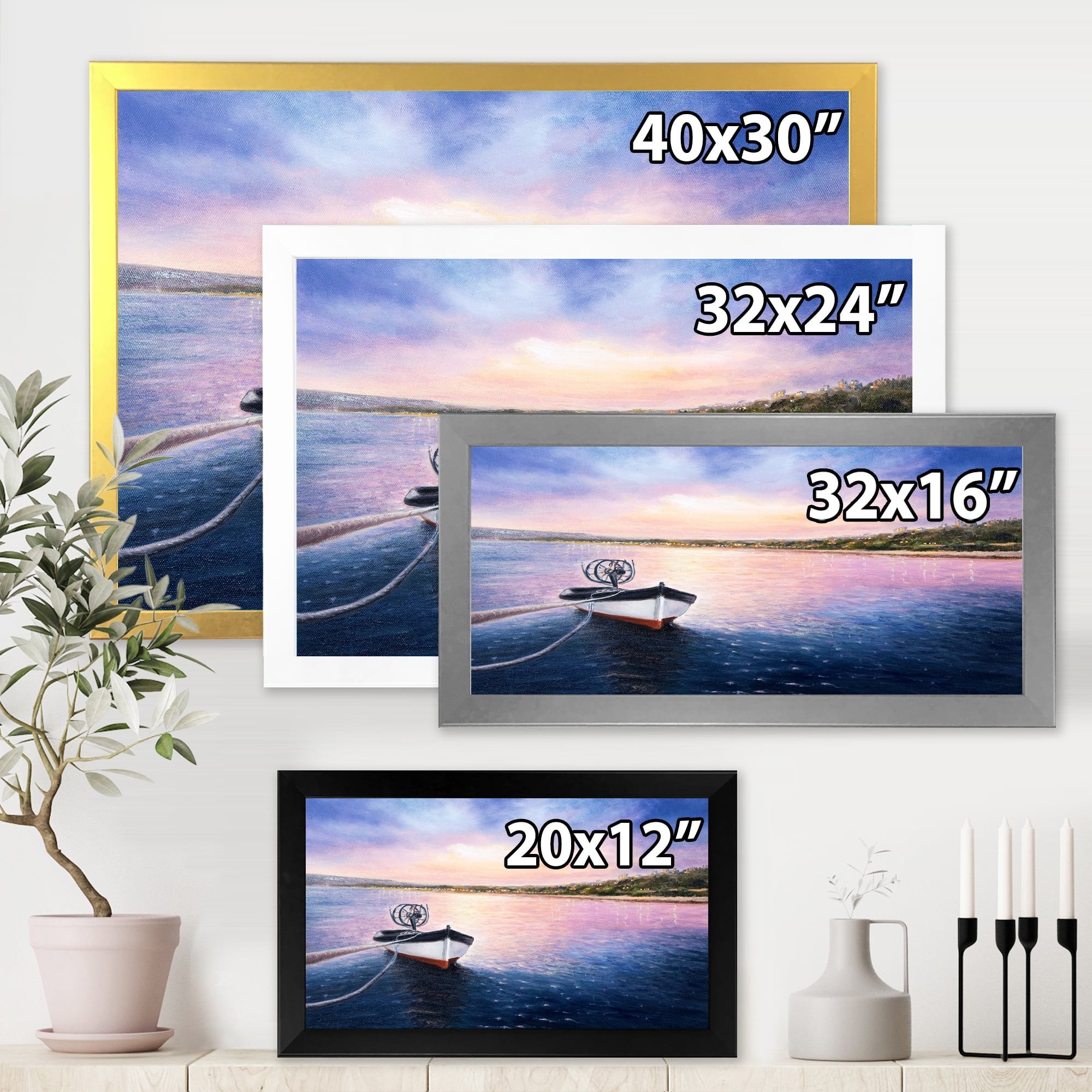 Designart 'VIbrant Sunset Over Fishing Boat By The Shore' Lake House Framed Art Print