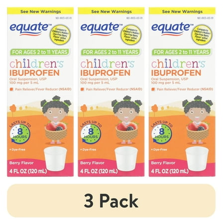 (3 pack) Equate Children's Dye-Free Ibuprofen Oral Suspension, 100 mg, Berry Flavor, Ages 2 to 11 Years, 4 fl oz, Compare to Children's Motrin® Dye-Free Berry Flavor Active Ingredient