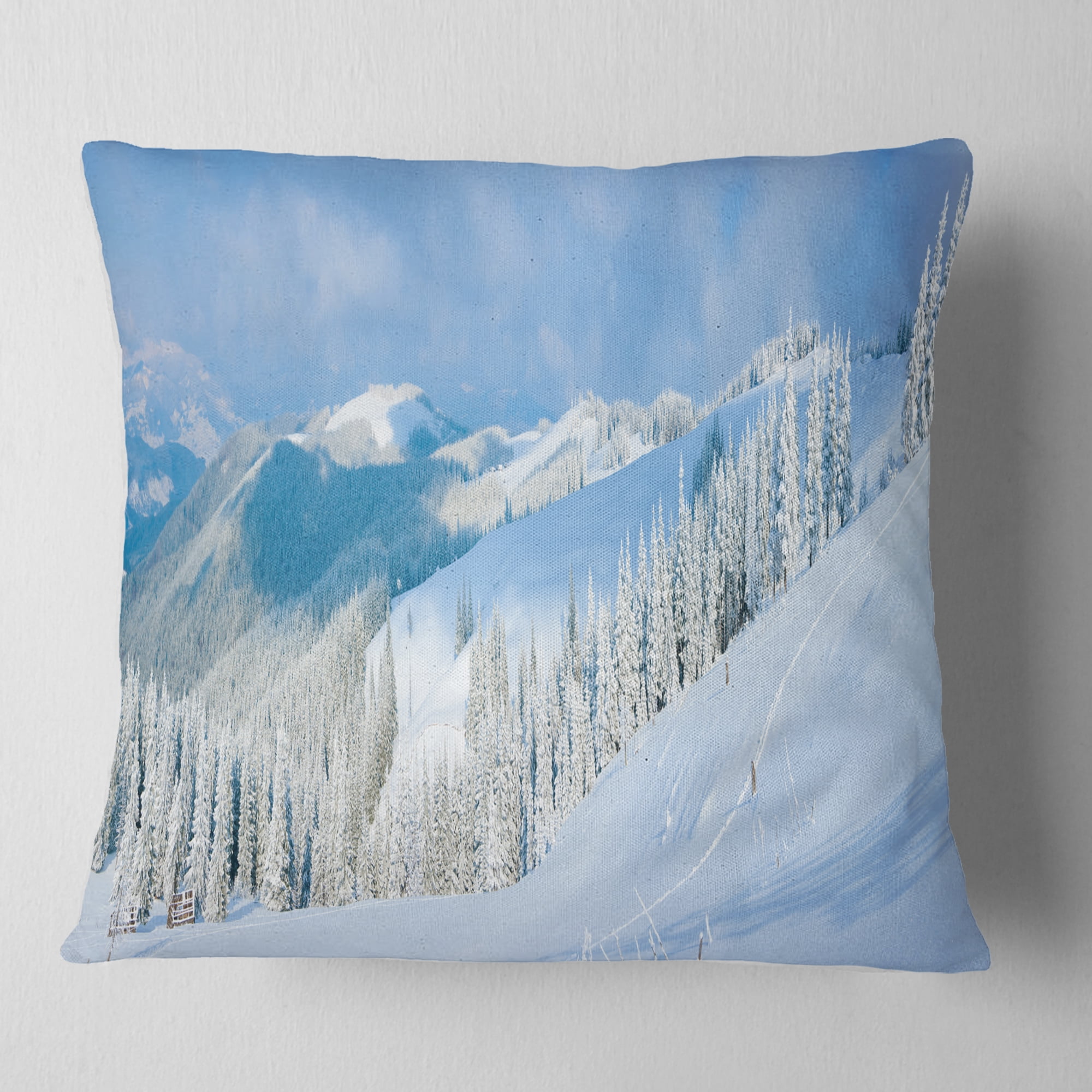 Designart Panoramic Winter Mountain - Landscape Photography Throw Pillow - 16x16