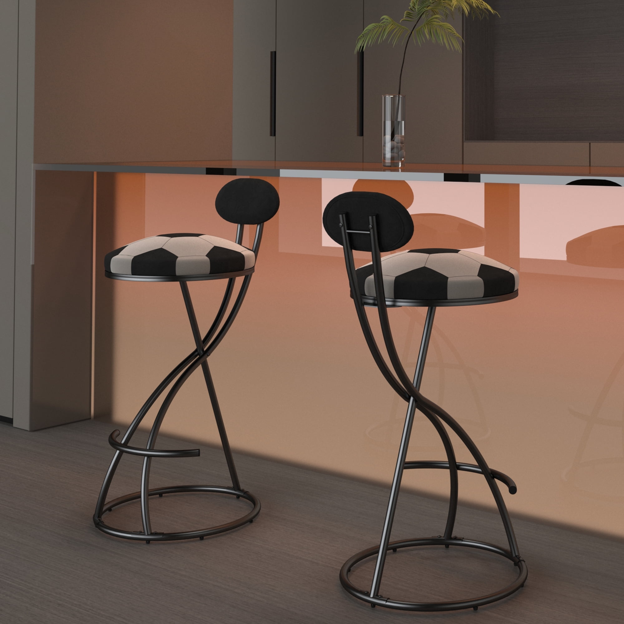 S Shaped Football Print Bar Stools Set of 2 Velvet Upholstered Seat with Metal Frame Themed Counter Stools for Game Room Kitchen