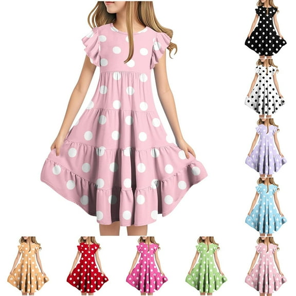 Bovxnpu Summer Girls Dresses, Girls Midi Flowy Casual Dresses With Pocket, Girls' Summer Short Sleeved Flying Sleeve Dress With Round Neck And Pockets 10 Years