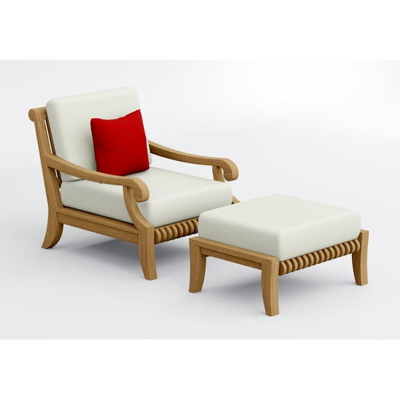 Giva Teak Wood 2 Pc Lounge Chair Set: Lounge Chair & Ottoman With Cushions in Outdoor Sunbrella Fabric #5404 Canvas Natural