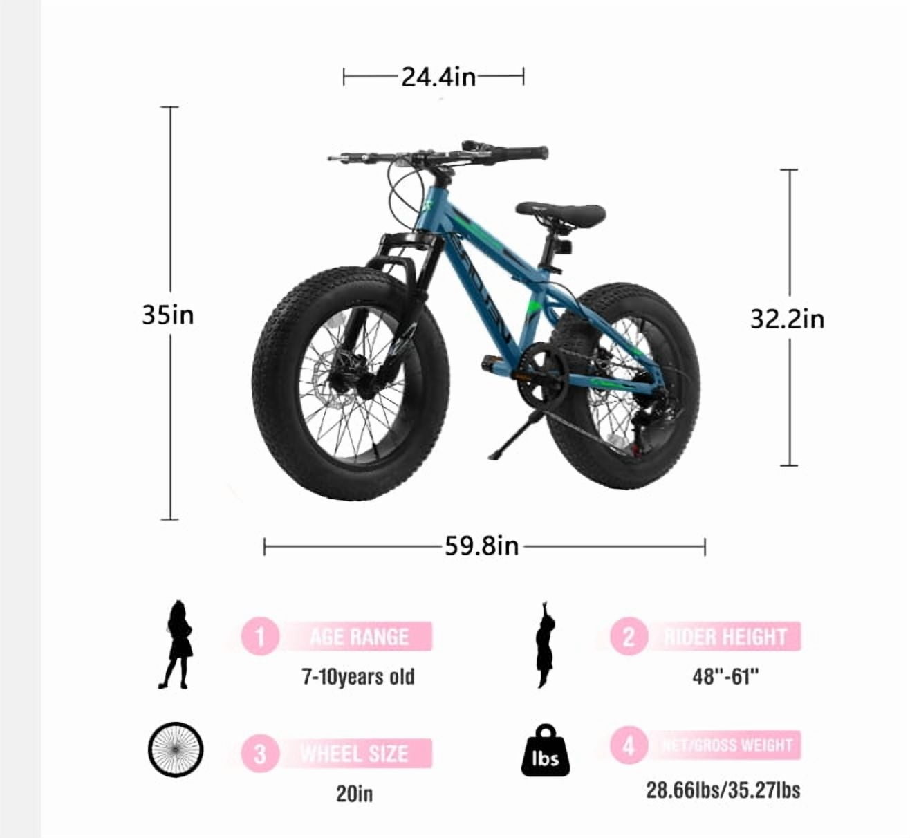 YDSM 20 Inch Fat Tire Bike Adult 7 Speed Mountain Bike, Dual Disc Brakes, High Carbon Steel Frame, Front Suspension, Mountain Buggy, City Commuter City Bike