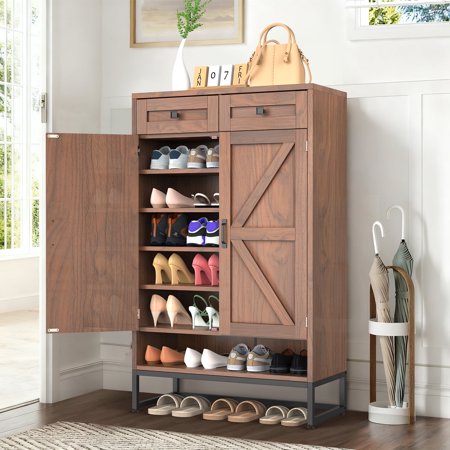 BTY Wooden Shoe Cabinet with 2 Top Drawers & Barn Door Sturdy Entryway Shoe Rack Organizer for Hallway Bedroom Closet Living Room Classic Brown