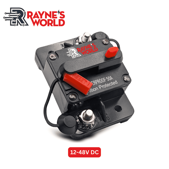 Rayne's World 50 Amp 12V-48V DC Waterproof Circuit Breaker Manual Reset - Car Stereo, RV, Solar Power, Automotive, Marine, Trolling Motor