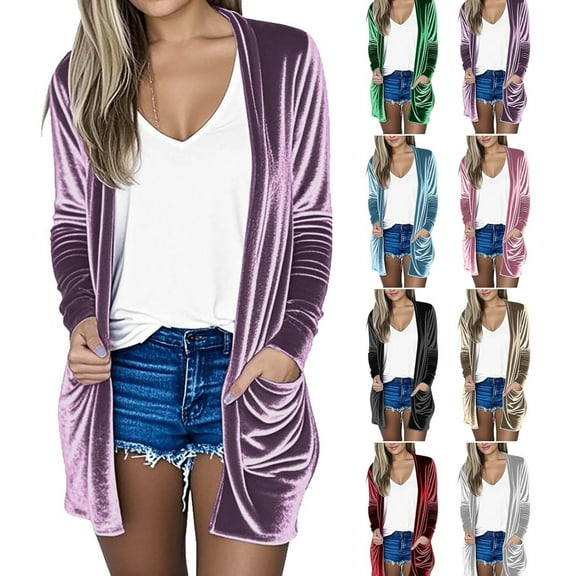 Gamivast Velvet Cardigan for Women Dressy Open Front Cardigans Trendy Fall Long Sleeve Jackets with Pockets Elegant Comfy Solid Color Coats Fall Fashion Outfits 2025