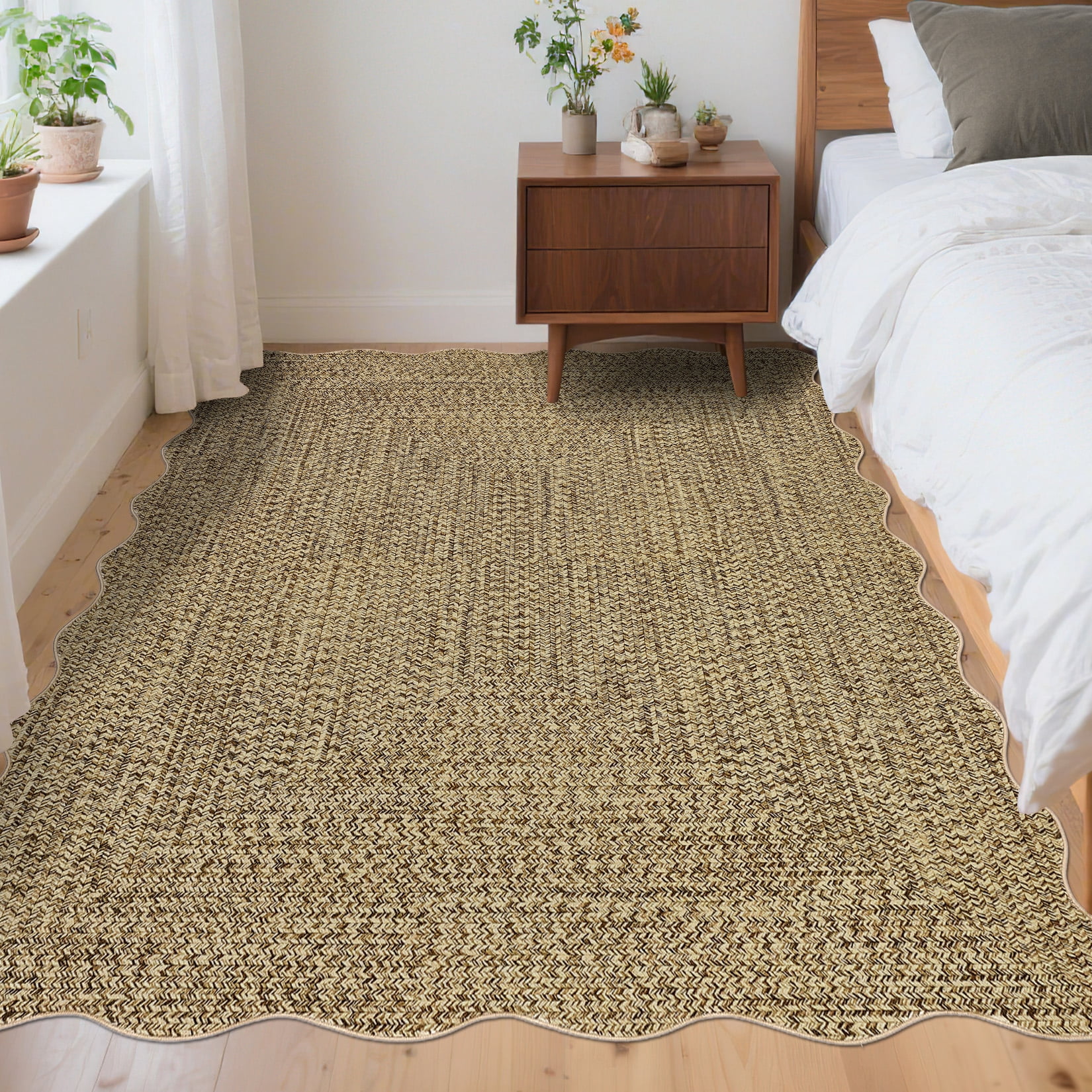 Garvee 3'x5' Scalloped Rug Farmhouse Braided Print Carpet, Washable Rug Soft Non Slip Low Pile Rug Indoor Neutral Carpet for Living Room Bedroom Dining Room, Yellow