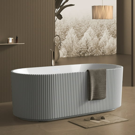 67"Acrylic Freestanding Bathtub, V Shape Freestanding Soaking Acrylic Bathtub, Unique Pleated Design With Chrome Drain and Classic Slotted Overflow,Cupc Certified,Gloss White