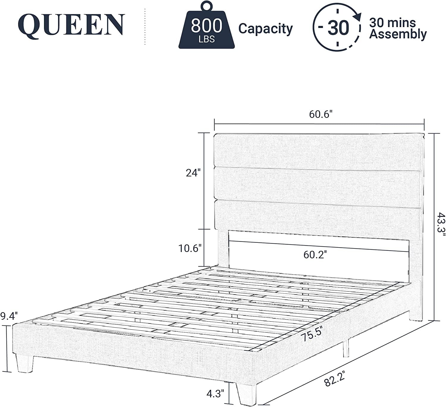 Allewie Queen Size Platform Bed Frame with Fabric Upholstered Headboard,  Dark Grey