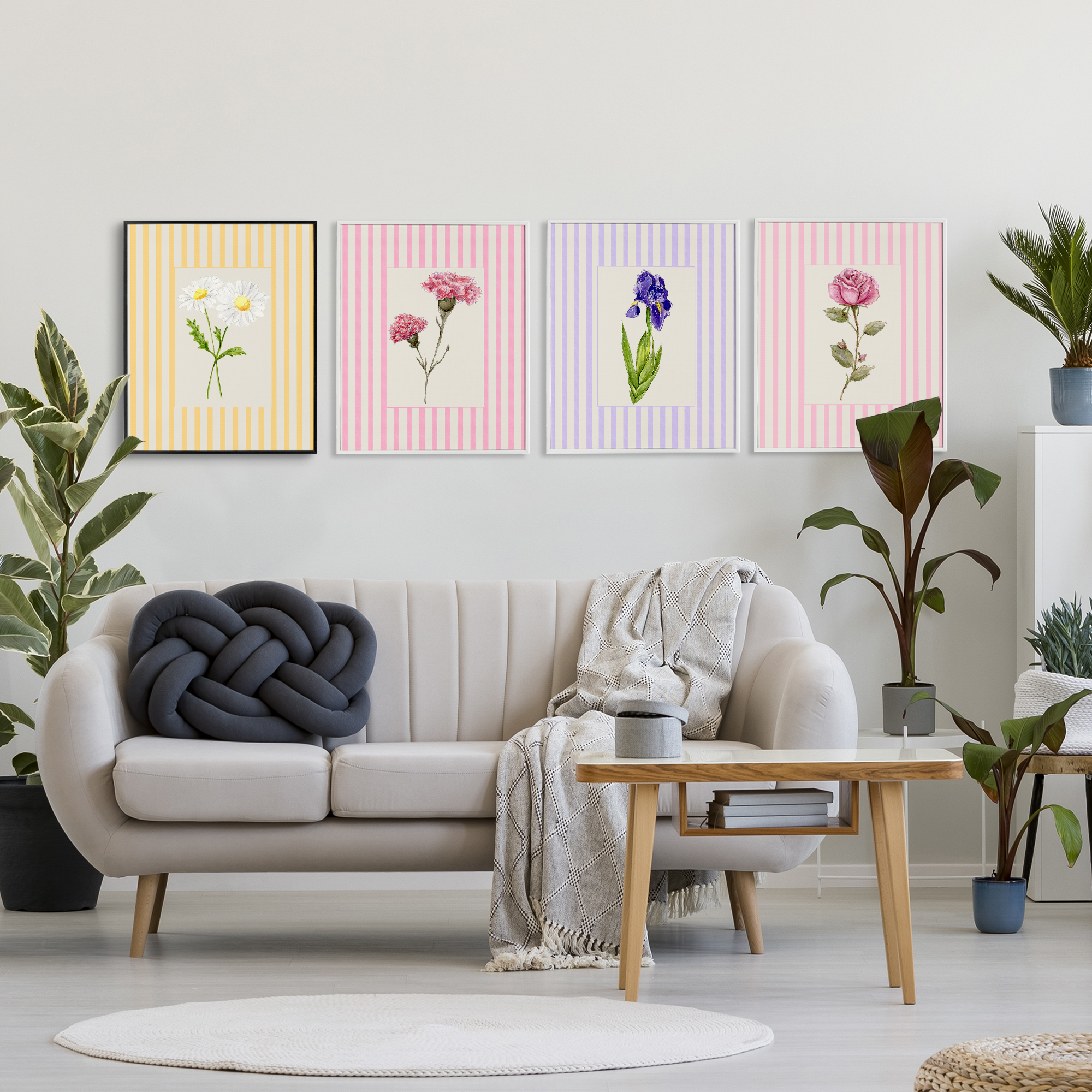 Cottage Stripe Sprigs 4 Piece White Framed Giclee Art Set, design by Lisa Wehmeyer
