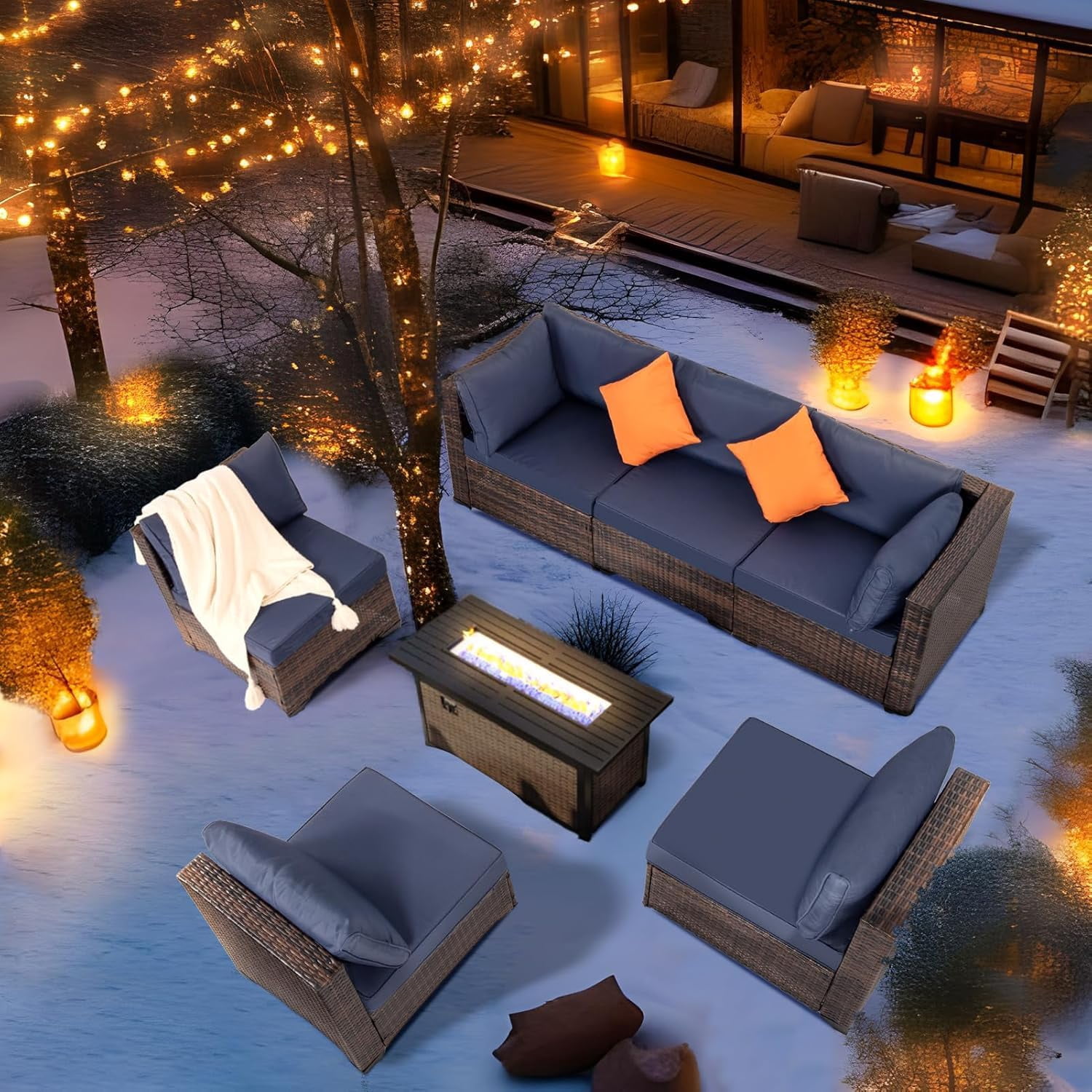 7 Pieces Outdoor Patio Furniture Set, Wicker Sectional Sofa Set Rattan Modular Patio Conversation Sets with Cushions Couch Set & Coffee Table for Outside, Garden, Balcony, Porch, Brown/Blue