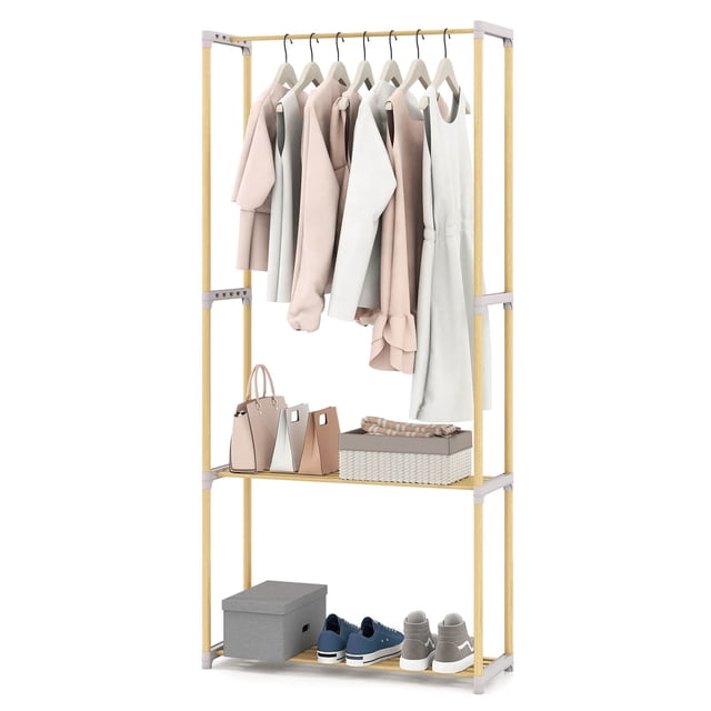 GETHFSA Pine Wood Clothes Rack with 2-Tier Open Storage Shelves, Freestanding Wooden Garment Rack for Bedroom, Closet, Wardrobe, Natural