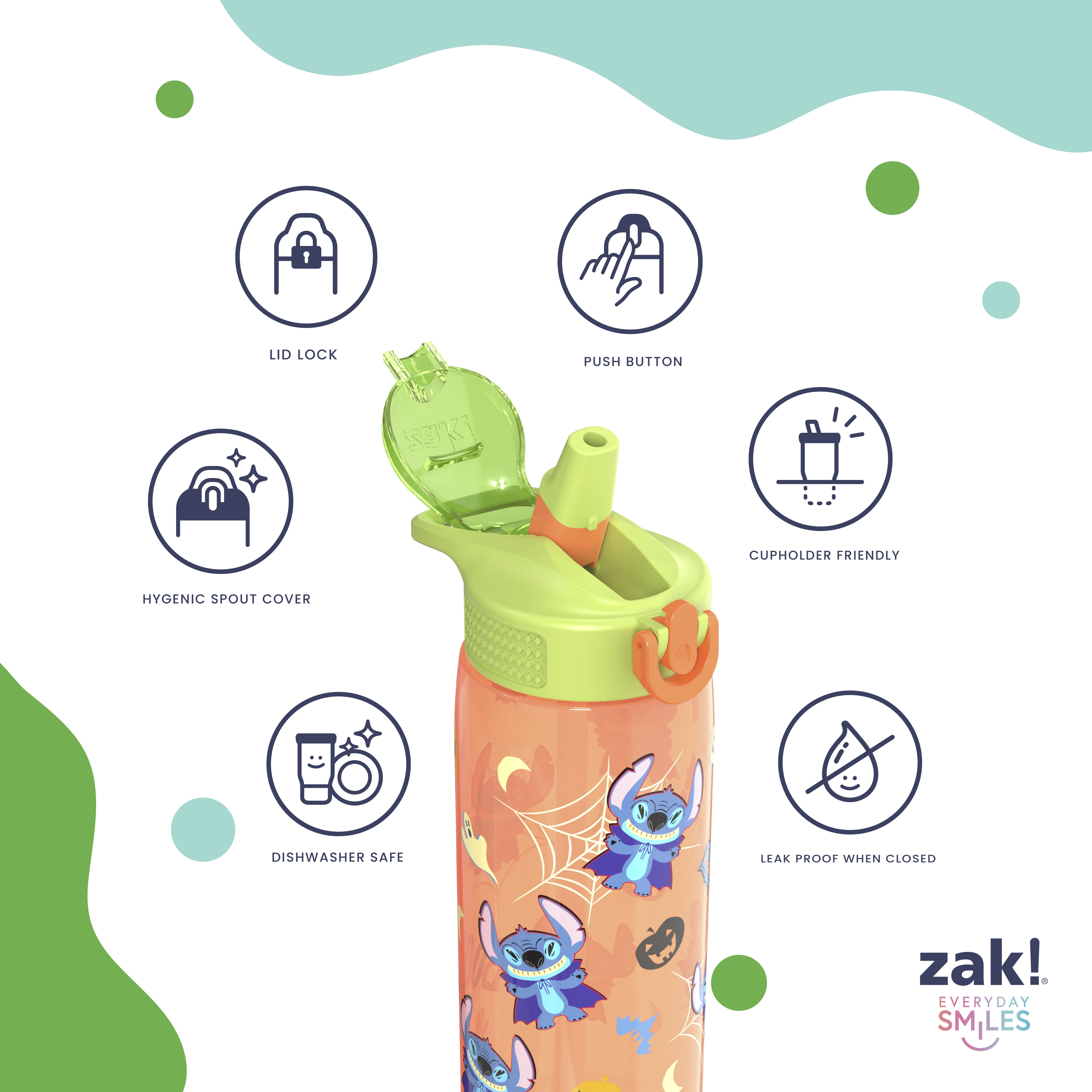 Zak Designs 25oz Stitch Halloween Orange Kids Straw Water Bottle, Durable Plastic Park Bottle with Easy-Open Locking Spout Cover for Travel, Built in Carry Handle