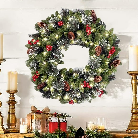 Infidev Pre-Lit Artificial Christmas Wreath, 18” Green Wreath with White Lights, Pine Cones, Berry Clusters, Frosted Branches, Indoor/Outdoor Holiday Decoration