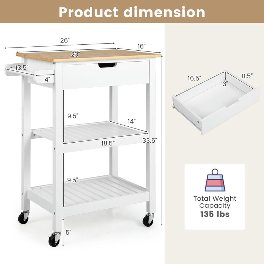 Finihen Rolling Cart, Kitchen Island Cart, 3-Tier Kitchen Island Cart Rolling Service Trolley with Bamboo Top, for Kitchen, Dining Room, White Finihen Rolling Cart, Kitchen Island Cart, 3-Tier Kitchen Island Cart Rolling Service Trolley with Bamboo Top, for Kitchen, Dining Room, White