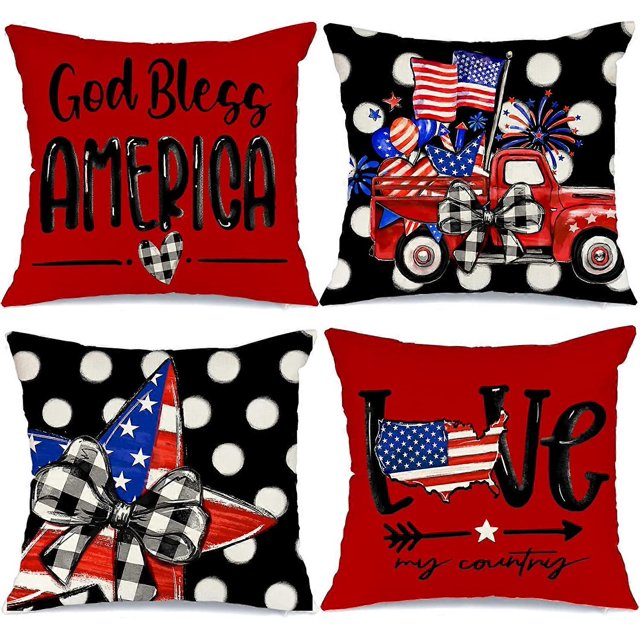 Fundas de almohada decorativas para el 4 de julio, 18 x 18, juego de 4, lunares, estrellas y rayas, fundas de almohada para camión, almohadas patrióticas, conmemorativas de la independencia