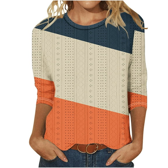 Scyoekwg Women's 3/4 Sleeve Tops Round Neck Three-Quarter Sleeve Tshirt Tops for Women Trendy Color Block Dressy Casual Blouse Lightweight Loose Tshirt Blouses (Orange,XXL)