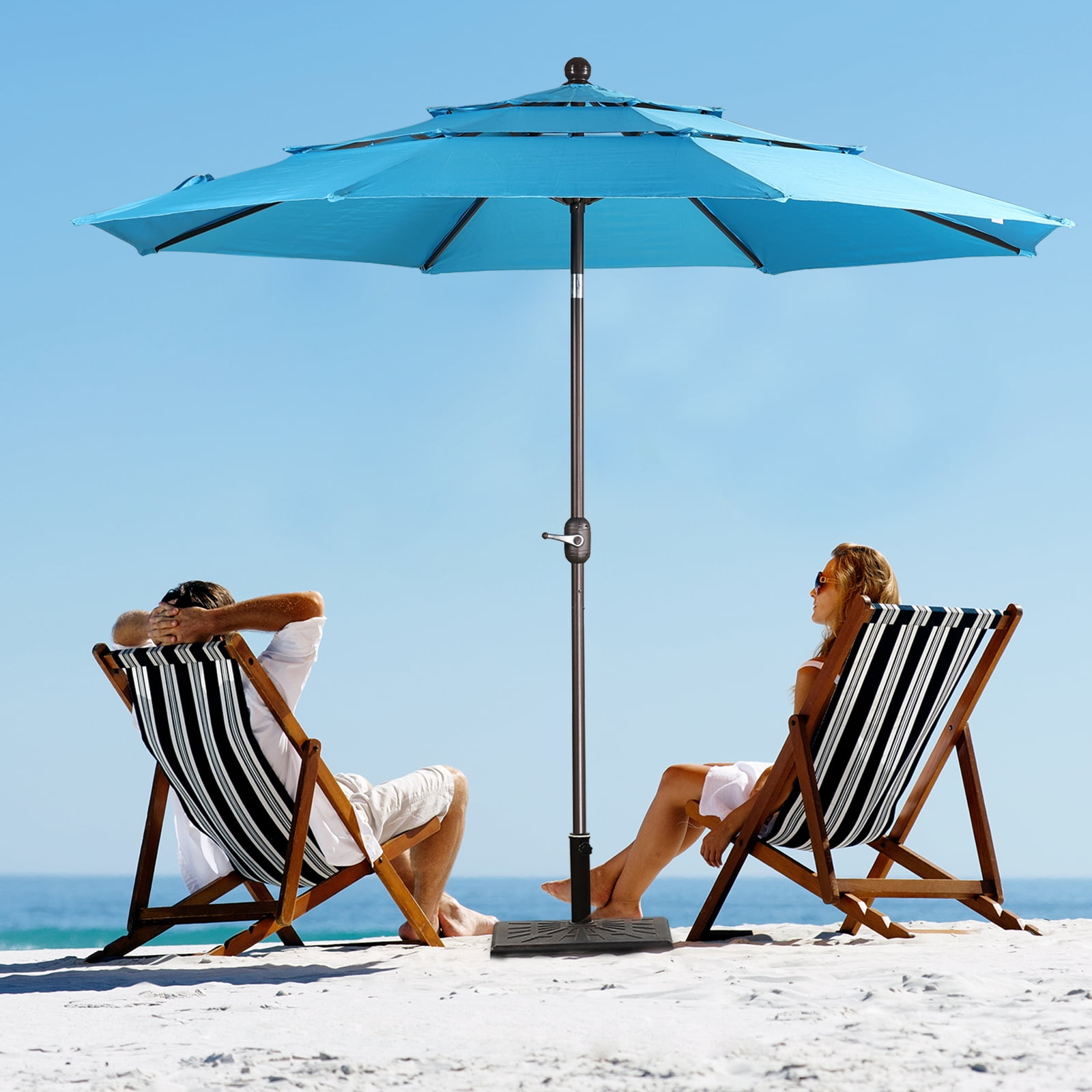 Aoodor 10ft 3-Tier Patio Umbrella, Outdoor Table Market Umbrella Tilt Adjustment and Crank - Light Blue