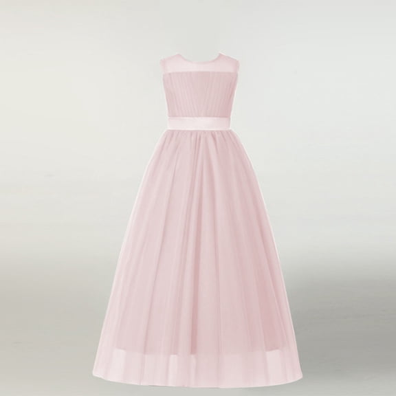 DAETIROS Girls Pink Tulle Party Dress Flower Girl Pageant Dress Sleeveless Princess Dress for Kids Age 2-14,Size 12-13T