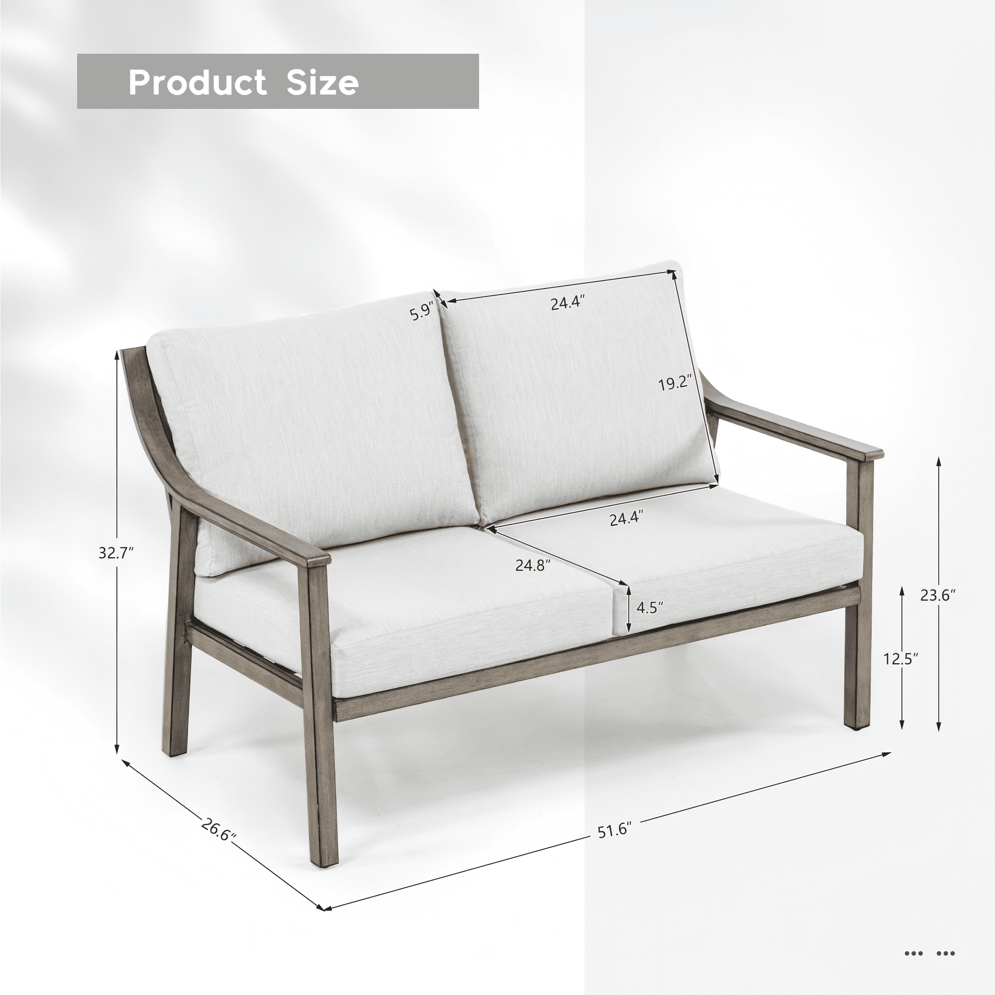 Patio Loveseat Outdoor Couch Aluminum 2 Seater Sofa with Thick Cushion Deep Seat Waterproof Patio Furniture for Deck Porch Backyard, White
