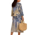 thumbnail image 2 of COEQINE Women's Casual Dress 3/4 Sleeve Wrap V-Neck Bohemian Asian Long Dresses Linen Look Loose Fit Midi Tunic Sundress for Work, Machine Washable, Size 2XL, Magpie Bird Wisteria, 2 of 6