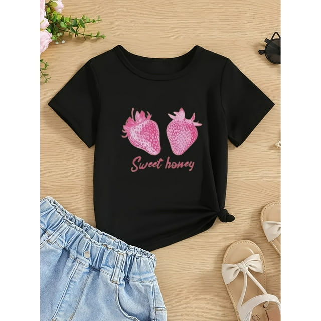 Sweet Honey Strawberry Graphic Girls' T-Shirt - Cute & Comfy Round Neck Tee for Spring/Summer, Soft Polyester Blend, Perfect Gift for Girls, Pink Strawberry Design, Casual Summer Outfit Essential