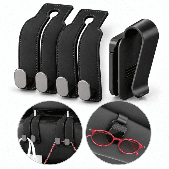 Car Seat Organizer Set, 2 Headrest Hooks and 1 Sunglasses Visor Clip, Purse Bag Holder for Cars, SUVs and Trucks, Black, 3-Piece