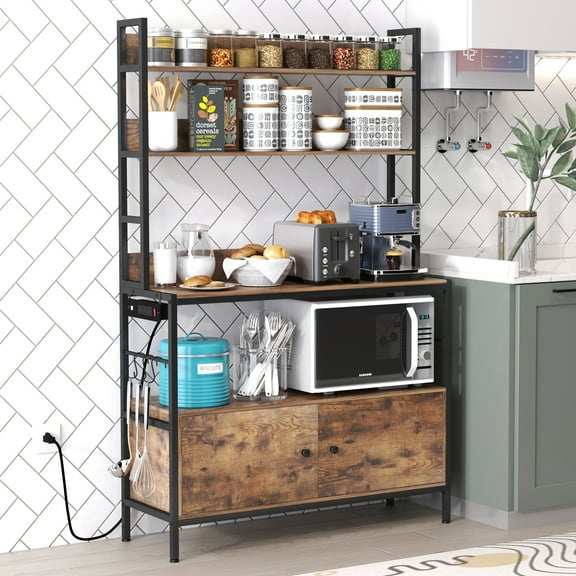 NAIYUFA Kitchen Baker Rack 5-Tier Large Capicity Brown Wood Shelves Microwave Rack with Power Outlets