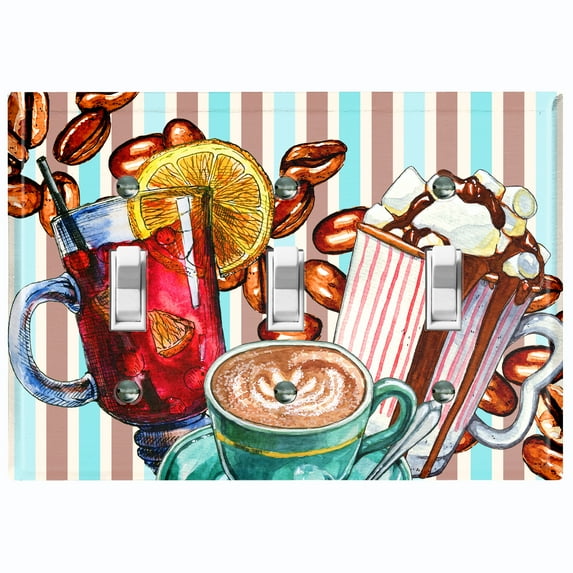 Metal Light Switch Wall Plate Outlet Cover (Coffee Beans Mocha Tea Marshmallow Treat Stripe Teal Brown - Triple Toggle)