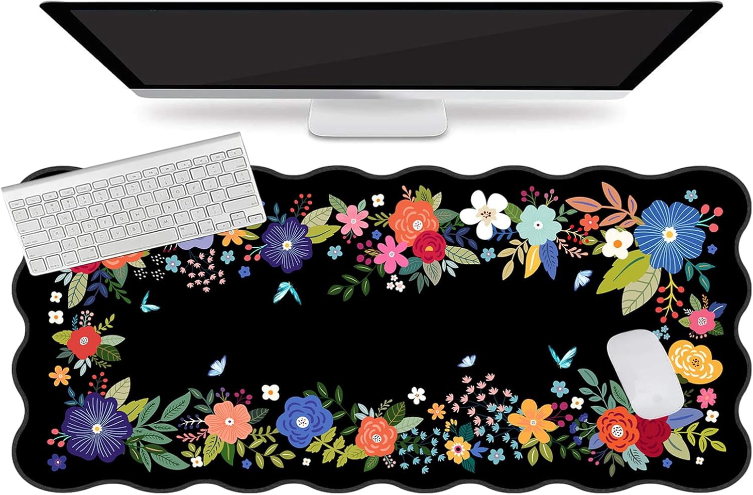 Floral Mouse Pad,Black Desk Mat XXL Large Scalloped Gaming Mousepad,35.4x15.7in Non-Slip Rubber Base Keyboard Pad Waterproof Desktop Mat for Laptop Computer Game Home Office-Black Floral