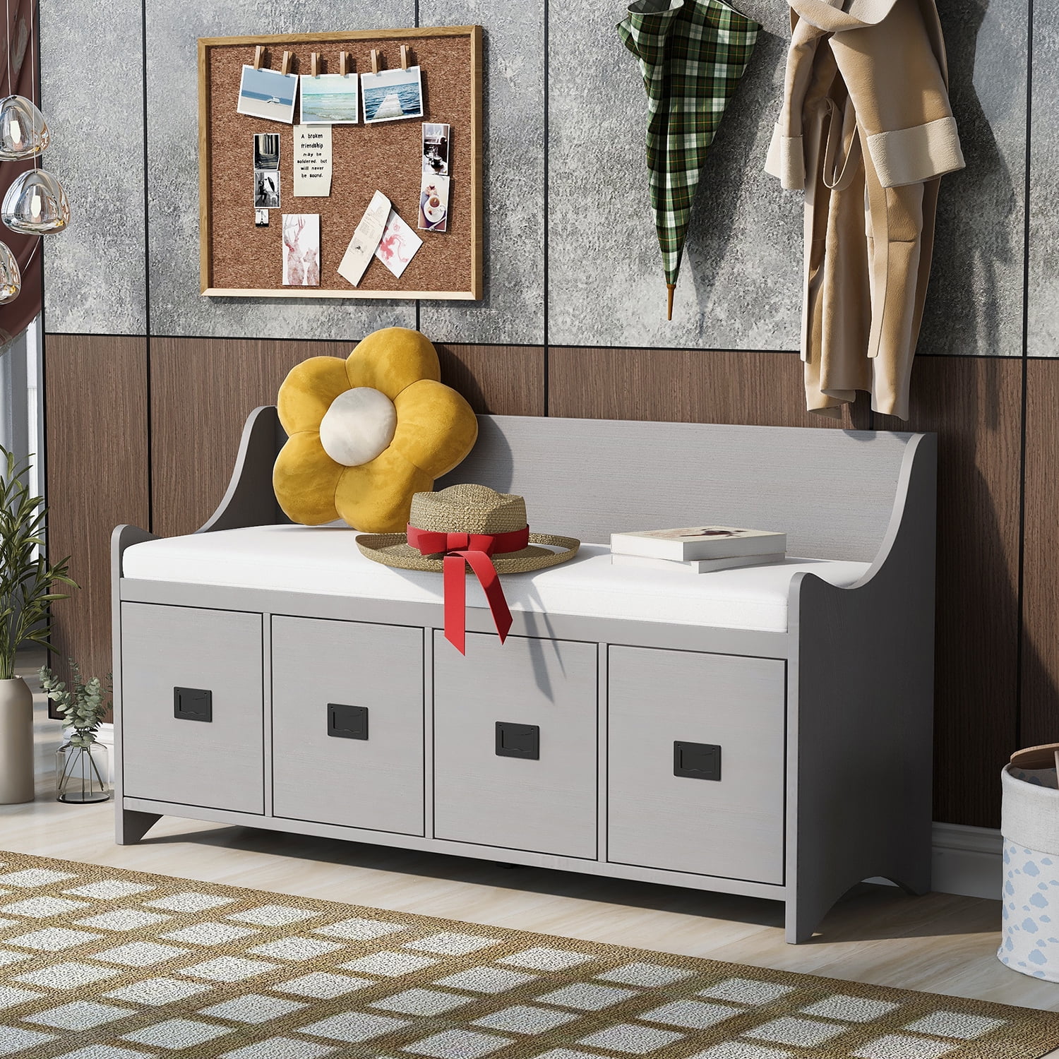 Kadyn Movable Cushion Storage Bench, MDF Storage Bench with Drawers and Backrest, Modern Entryway Shoe Bench for Entryway, Gray Wash Kadyn Movable Cushion Storage Bench, MDF Storage Bench with Drawers and Backrest, Modern Entryway Shoe Bench for Entryway, Gray Wash