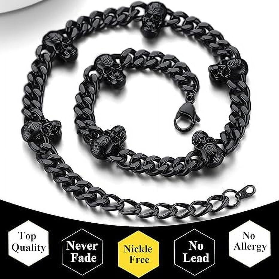 ChainsHouse Men's Black Gothic Punk Necklace Stainless Steel 9mm Thick Skull Link Chain Necklaces Jewelry Gift, 20"