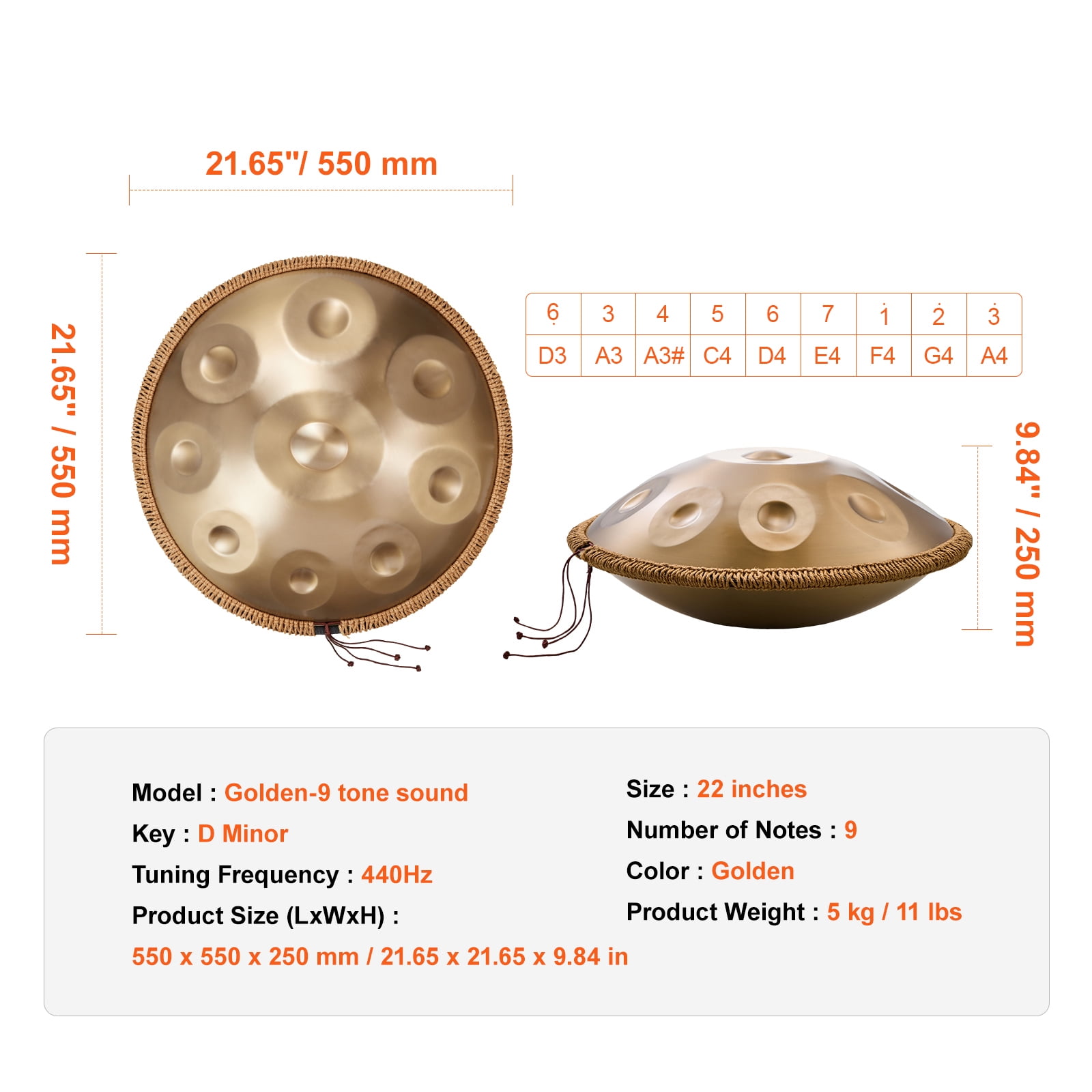 KFFKFF Hand Drum, 22 inches & 9 Tones, D Minor Scale, Comes with Drumsticks, 440Hz Stand & Portable Case, Steel Sound Healing Drum, Ideal Percussion Instrument for Novice Adults