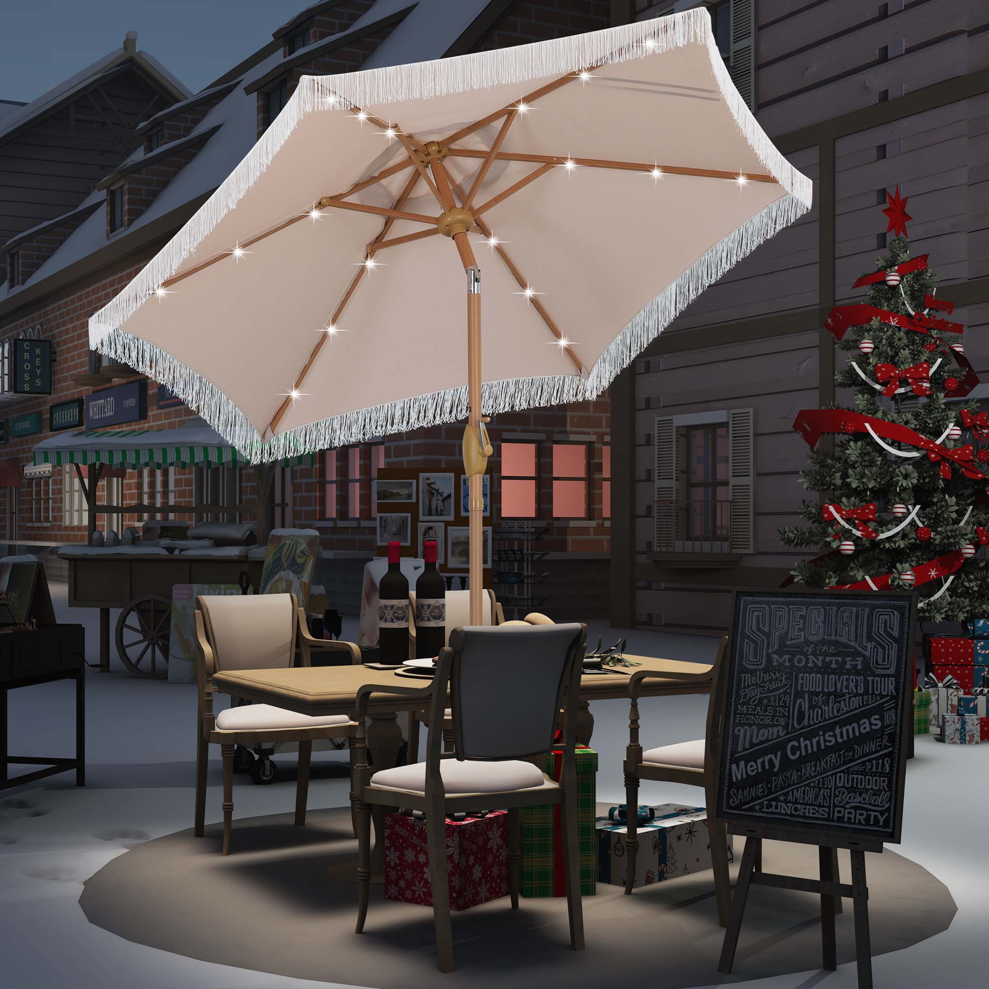 Autlaycil 7.5 ft Khaki Outdoor Solar LED Patio Umbrella with Tassels and Fringe