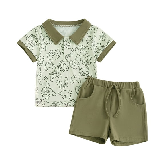 Aojekbee Toddler Boys Summer Shorts Sets Short Sleeve Lapel Animal Print Shirt and Drawstring Shorts Sets