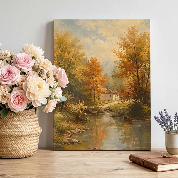 Canvas Wall Art, Fall Maple Trees Framed Canvas Prints for Living Room Bedroom, Retro Rustic House River Maple Leaf Scene Gallery Wrapped Wall Decor for Home Office, Gifts, 12"x16" Ship Next Day