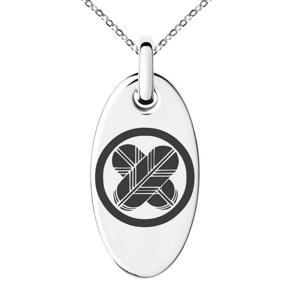 Stainless Steel Asano Samurai Crest Engraved Small Oval Charm Pendant Necklace