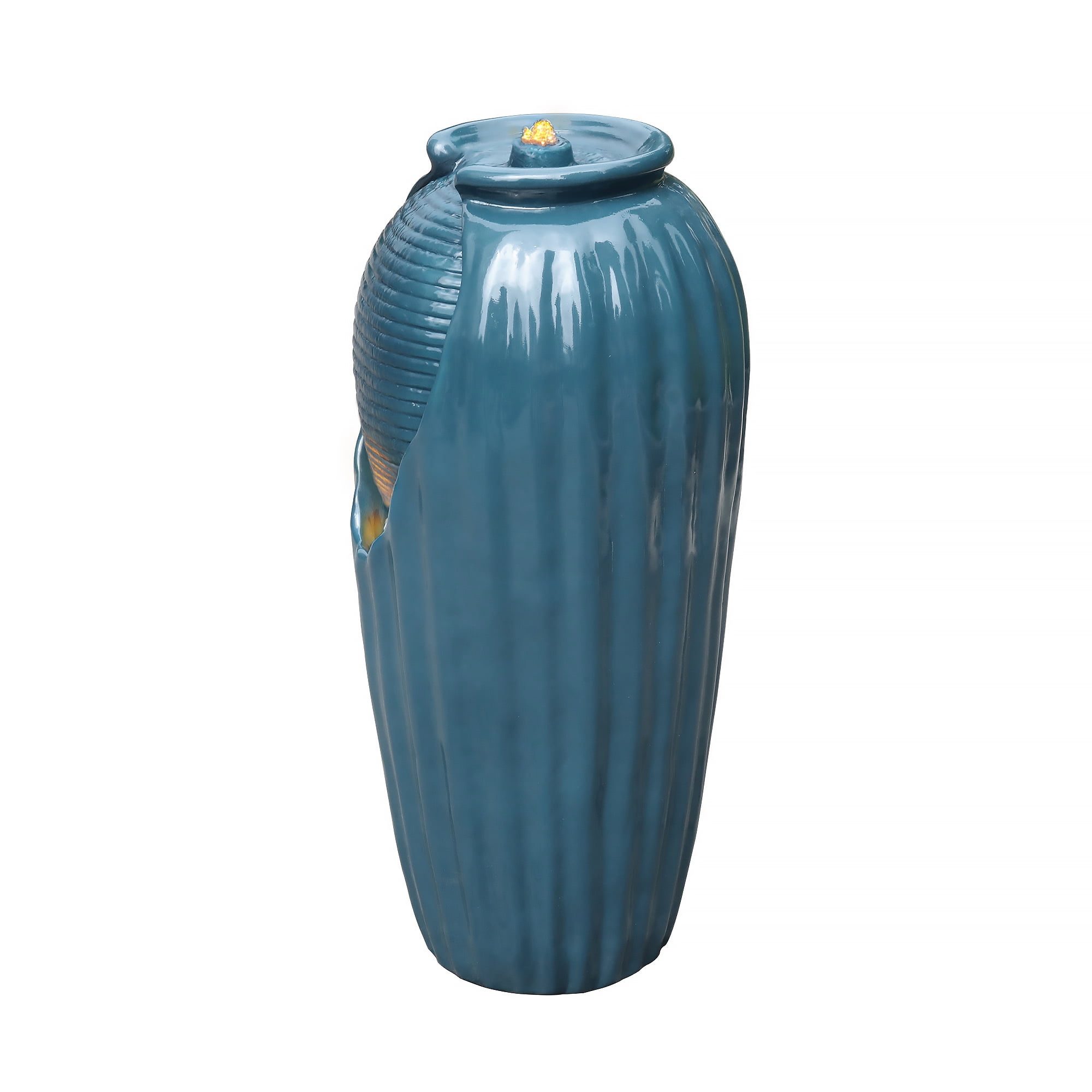 Teamson Home Indoor/Outdoor Contemporary Glazed Contoured Vase Water Fountain with LED Lights, Blue