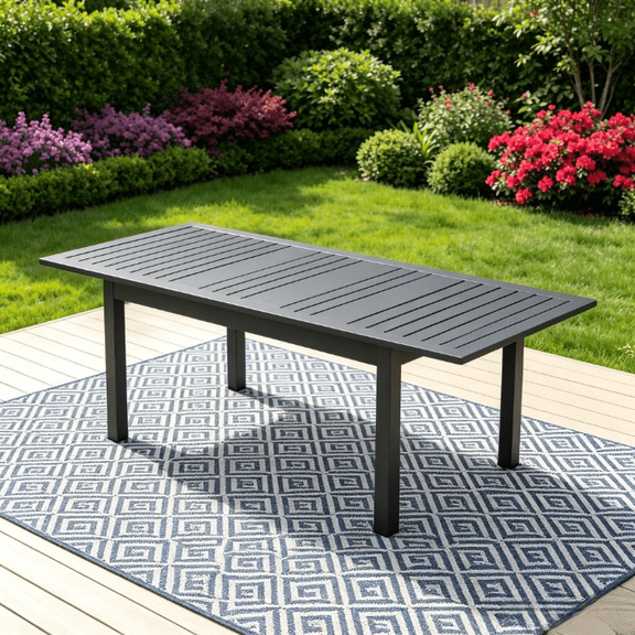 Heynemo 92” Patio Expandable Table for 4 to 10, Aluminum Outdoor Dining Table, Rectangular Patio Metal Table with Umbrella Hole, Dark Grey