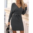 thumbnail image 4 of Women'S Long Sleeve Bodycon Sweater Dress V Neck Cable Knit Slit Midi Dresses with Belt Black S, 4 of 9