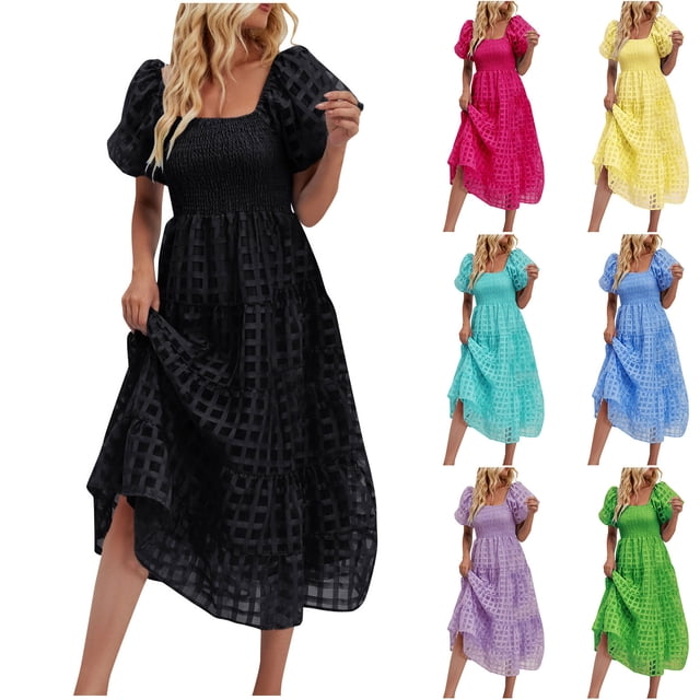 Gspmoly Robe pour Femmes, Robe à Épaules Dénudées à Manches Courtes Plissée à Taille Haute pour Femmes, Robes de Mariage pour Femmes jusqu'à 60 % de Rabais