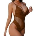 thumbnail image 2 of Sakmal Sheer Womens One Piece Swimsuits Brown Cheeky Tummy Control Swimsuit Mesh Deep V-Neck Swimwear, 2 of 5