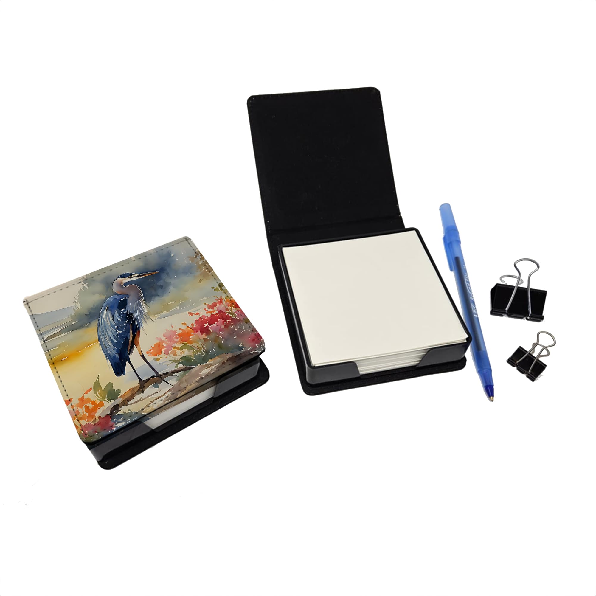 Caroline's Treasures Blue Heron PU Leather Note Paper Holder with Artist-Designed Cover, Desk Accessory, Office Gift